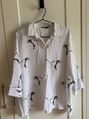 White Bird-Print Linen Blend Tunic Top